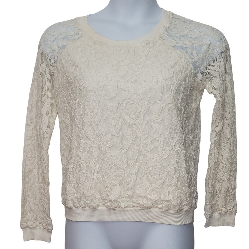 Denim Supply‎ Ralph Lauren Cream Lace Rose Long Sleeve Blouse M Fairy Minimalist